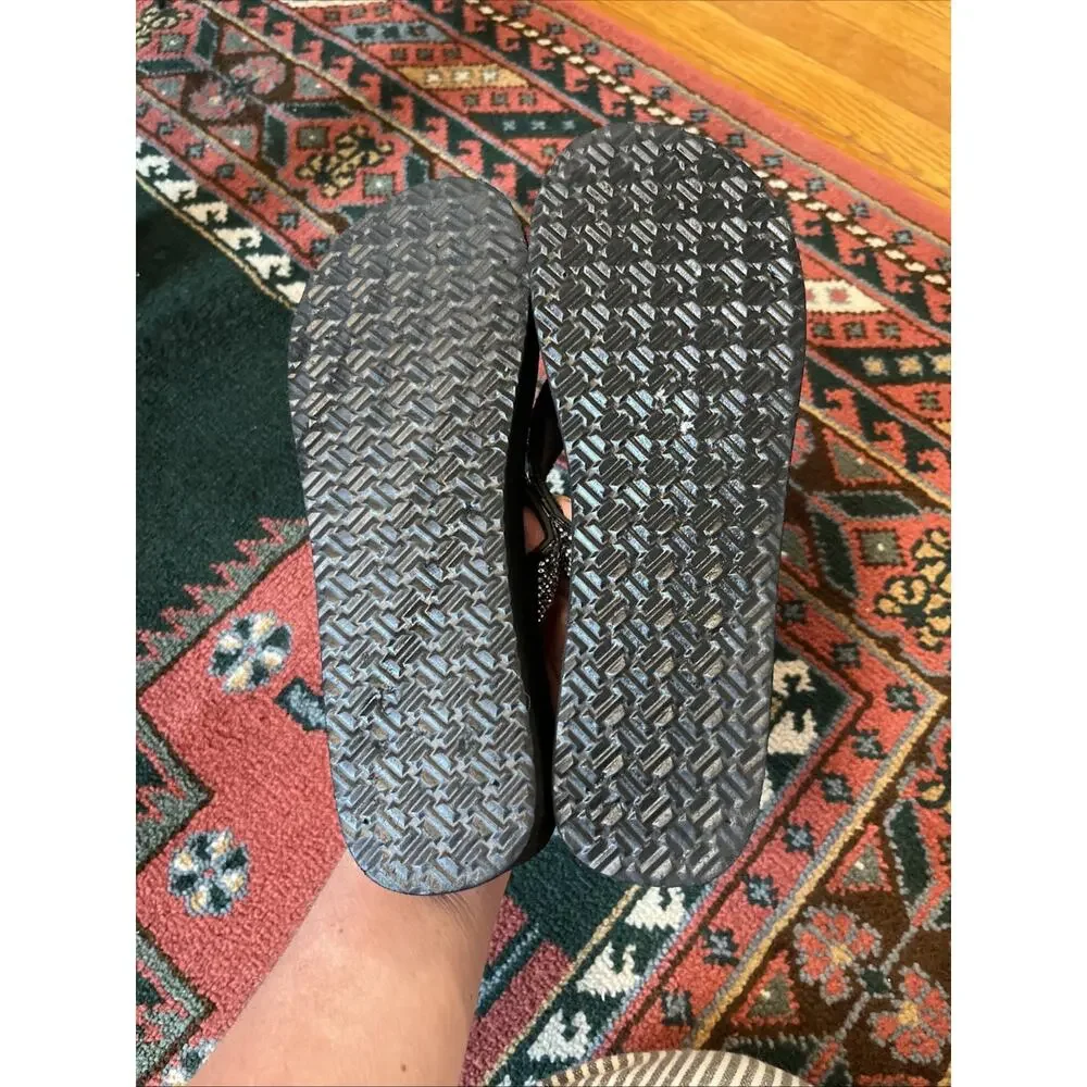 Womens Size 9 Chunky Y2K Inspired Platform Flip Flop Sandals Black Rhinestones